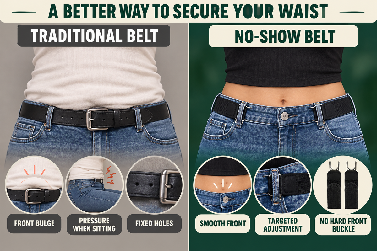 Traditional front buckle belt compared with the no-show invisible belt