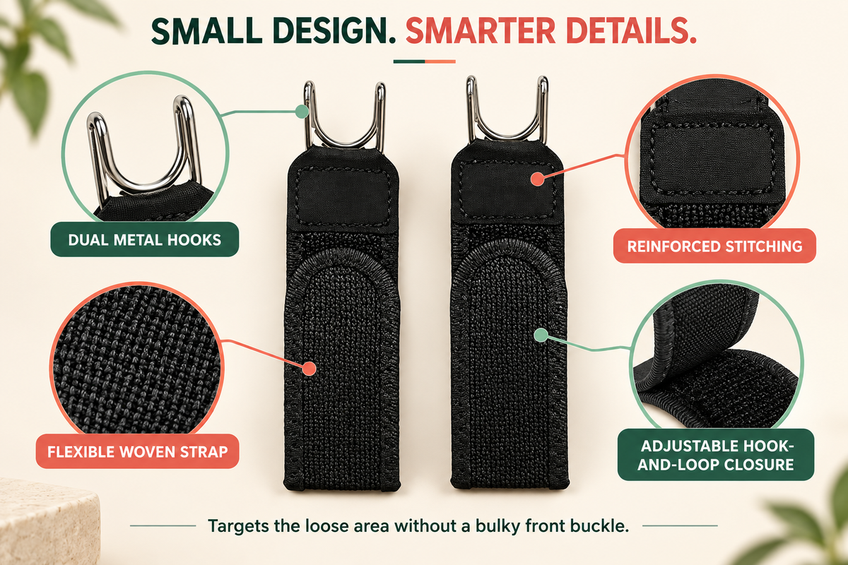 No-show invisible belt hooks, stitching, woven strap and adjustable closure