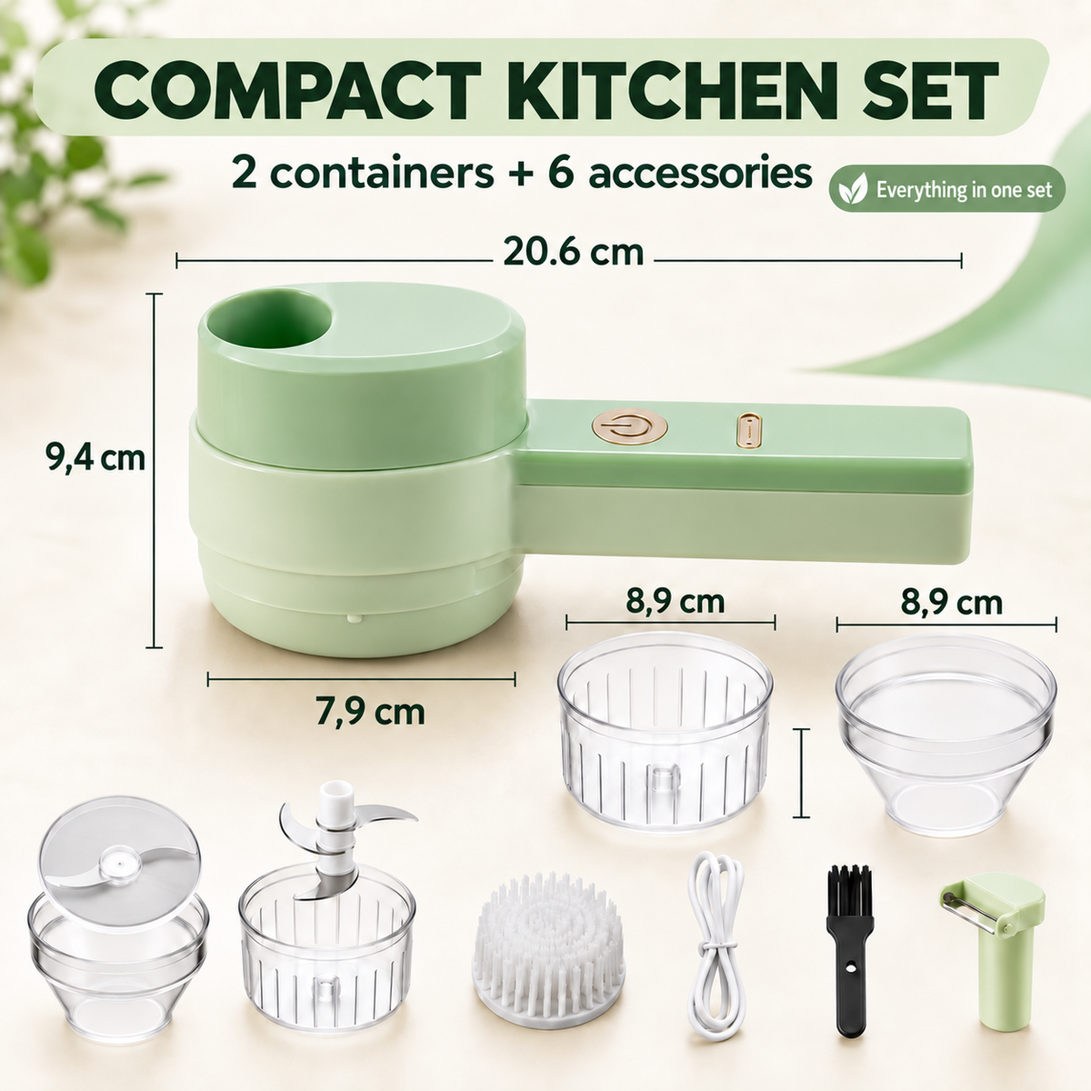 Complete handheld electric chopper set with accessories and dimensions