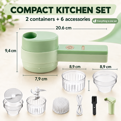 Complete handheld electric chopper set with accessories and dimensions