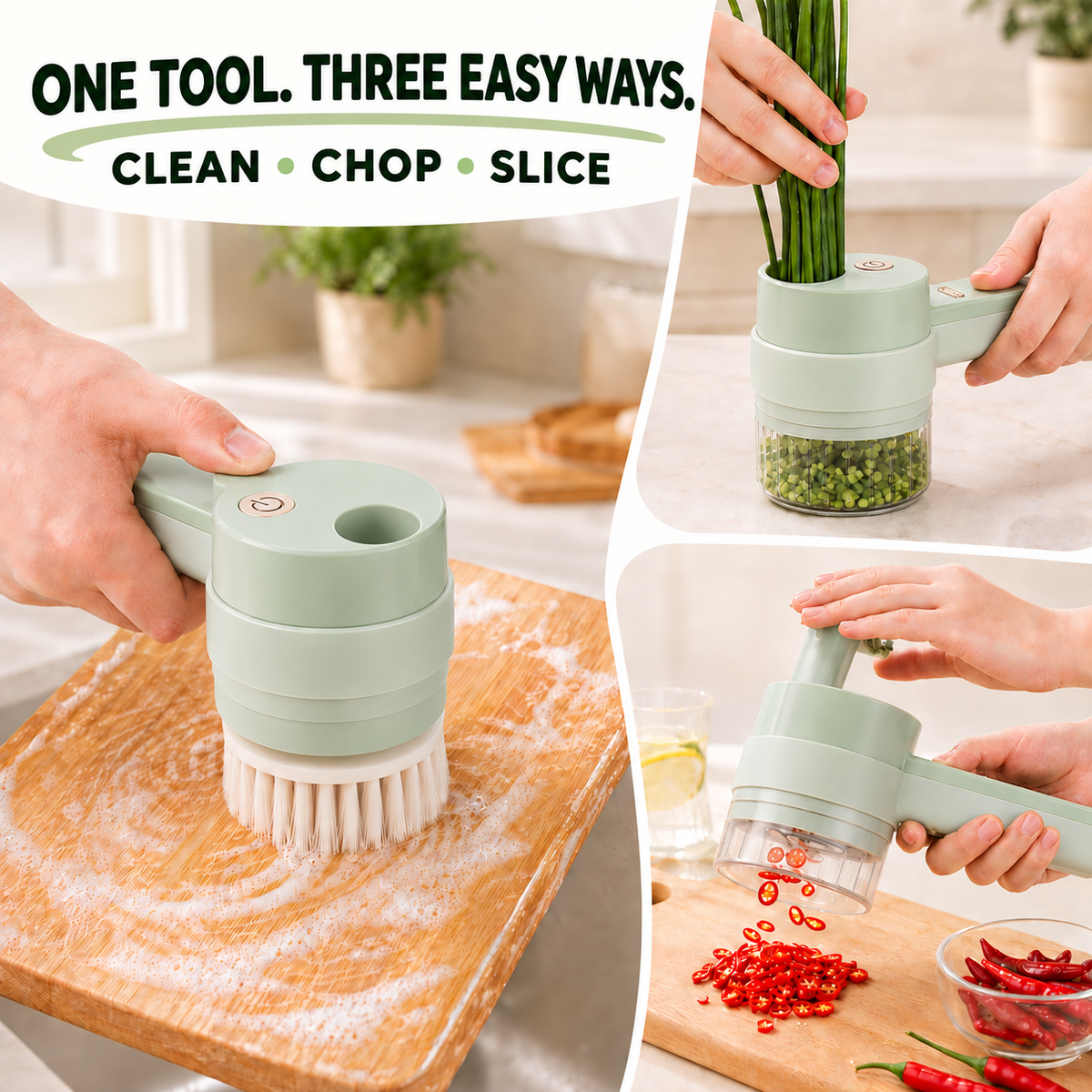 Clean, chop and slice with one compact kitchen tool