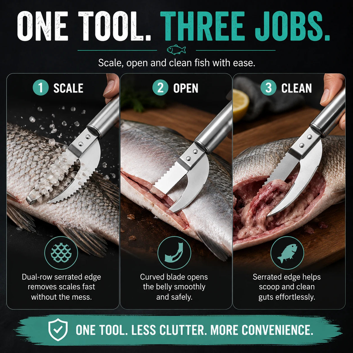 Scale, open and clean fish with one tool