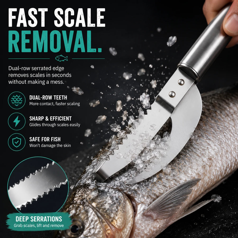 Serrated edge removes fish scales