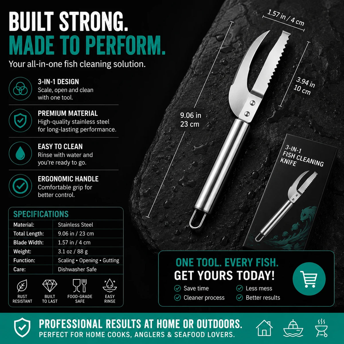 Fish cleaning tool measurements and specifications