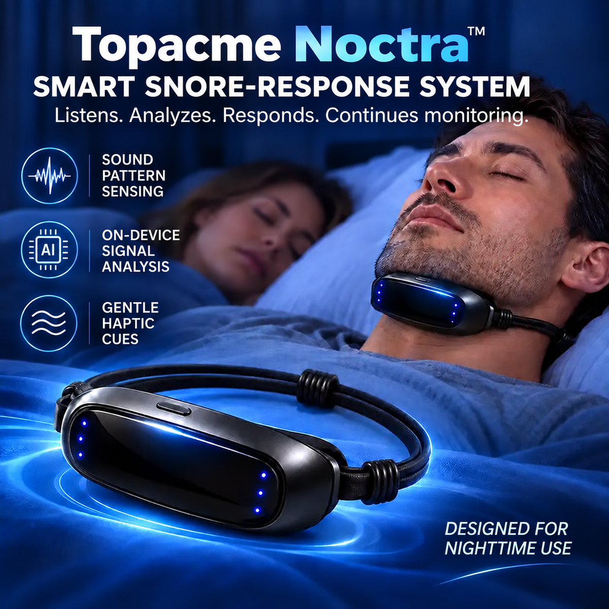 Topacme Noctra smart snore-response wearable for nighttime use